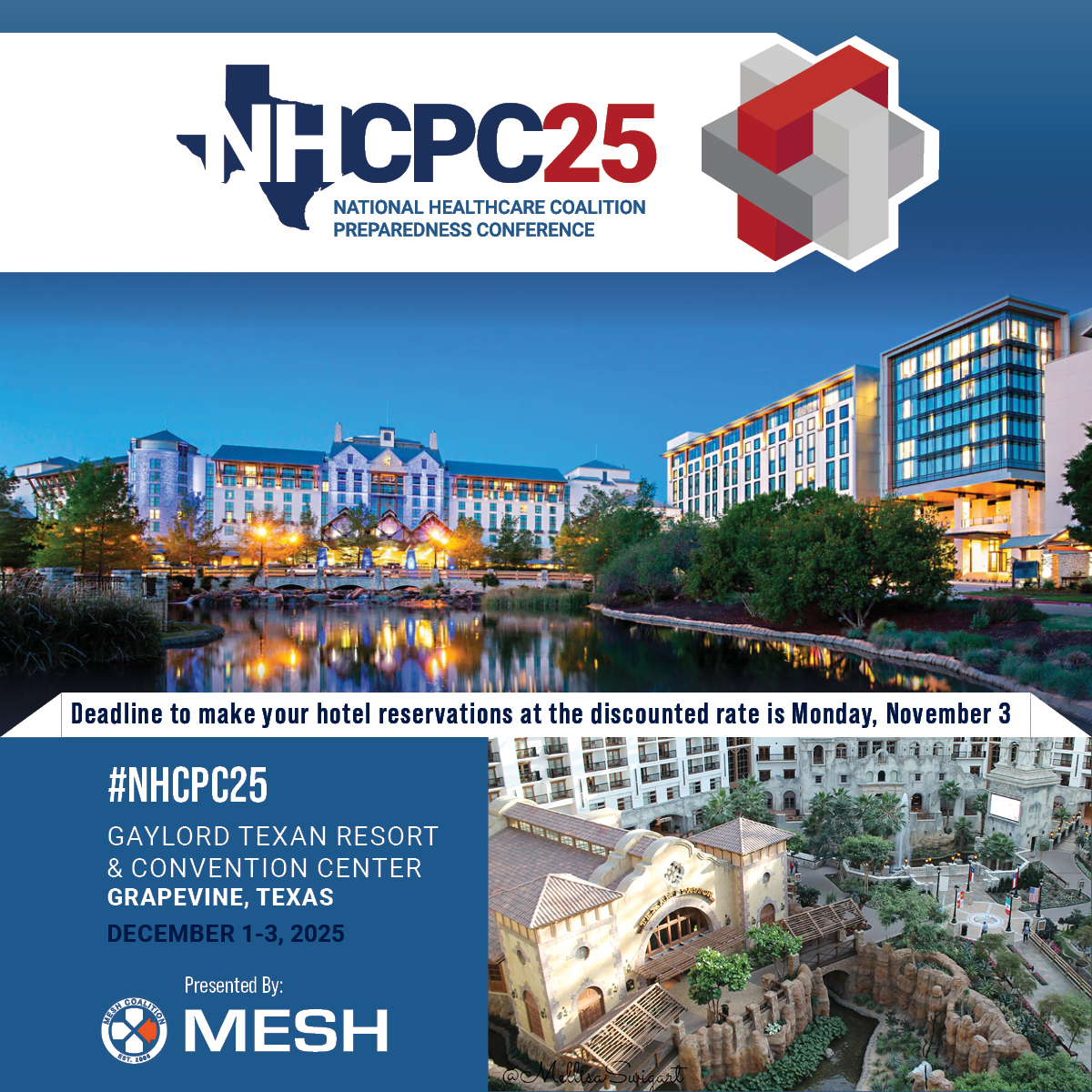 Infographic for the National Healthcare Coalition Preparedness Conference displaying a picture of the Gaylord Texan Resort & Convention Center and dates of the conference.